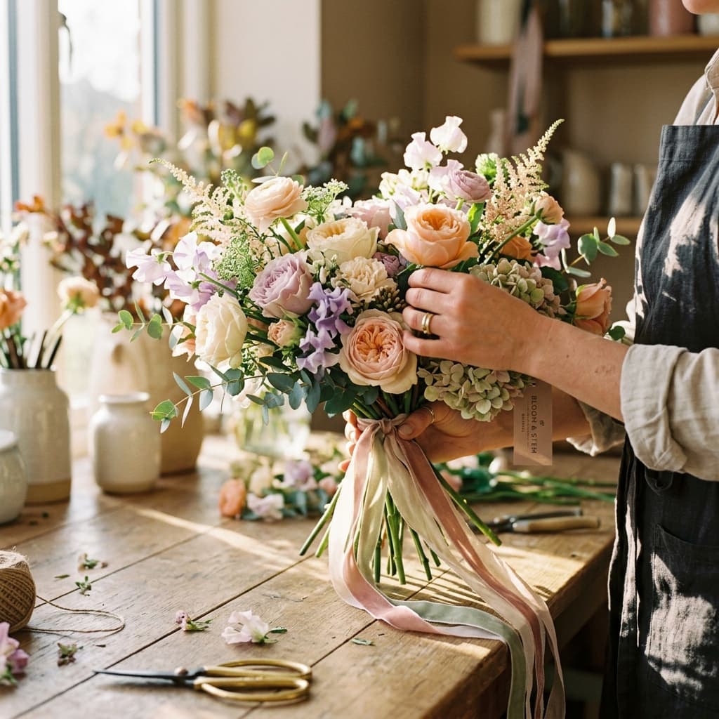 Florist arranging a luxury pastel bouquet